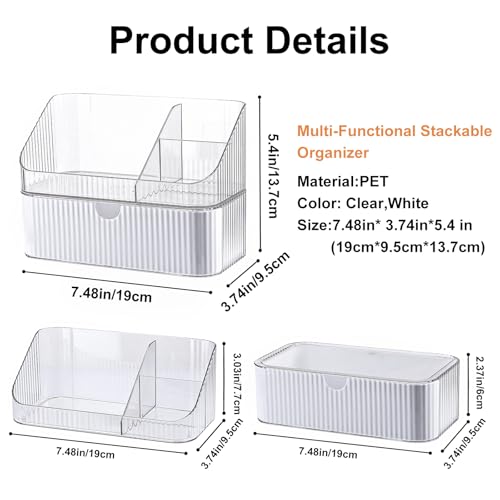 DASITON Makeup Organizer with Drawers, 2 Tier Stackable Organizer for Cosmetics, Skincare, Lipsticks, Makeup Brush, Acrylic Small Makeup Organizers for Vanity Bathroom Countertop Desk Storage (White)
