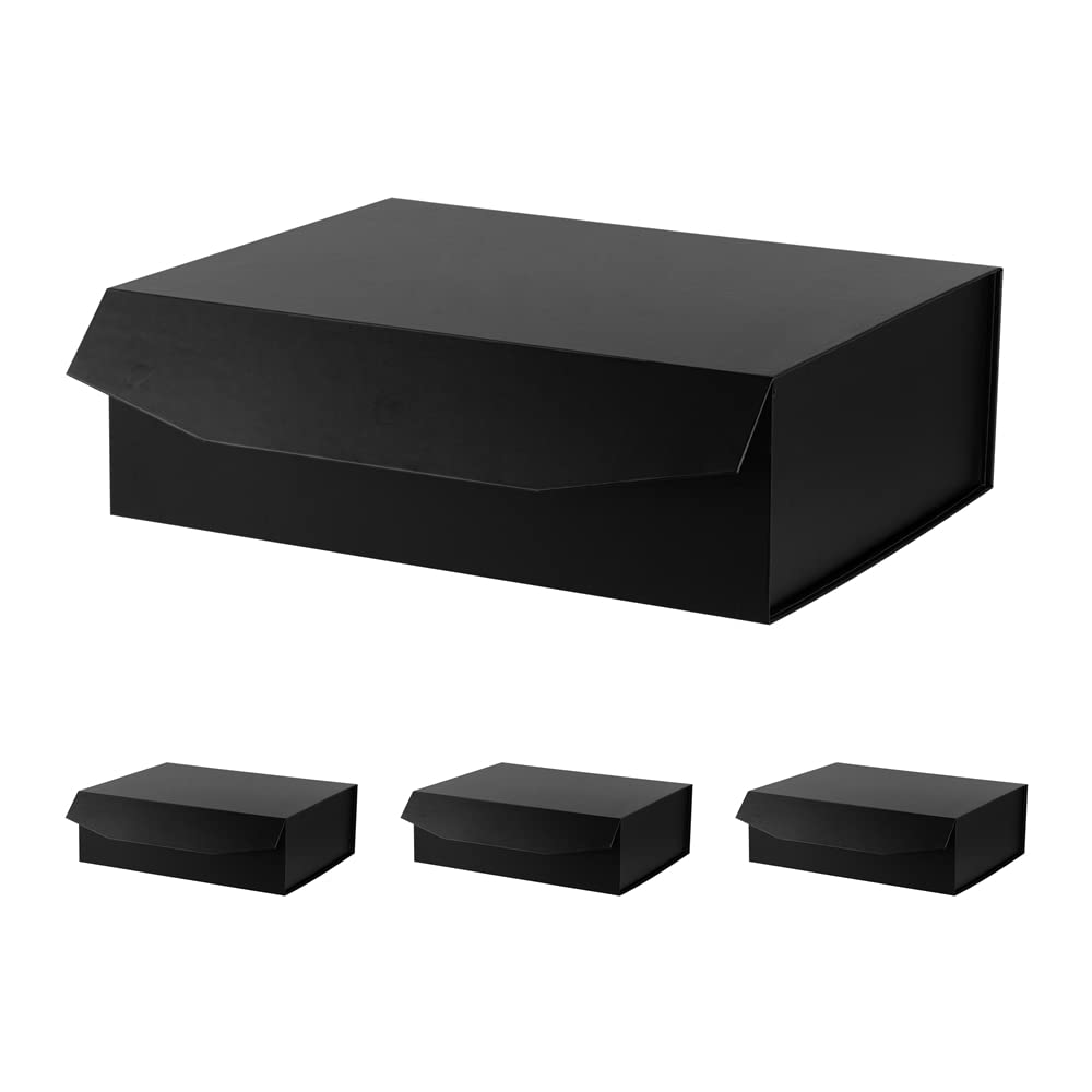 PACKGILO Black Extra Large Gift Box with Lid 4 Pcs 16.5 x 13 x 5.3 Inches, Gift Box large Black Gift Boxes for Presents Clothes Robe Wedding Dress Sweater,Reusable Foldable Bridesmaid Proposal Box（Matte）