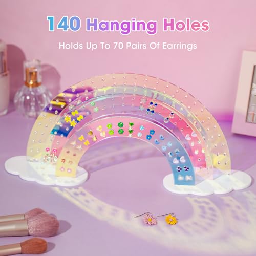 NiHome 3-Tier Iridescent Acrylic Rainbow Earring Organizer, Lightweight & Durable Design 140 Holes for 70 Pairs, Unique Front Row for Special Earrings, 11.8" W x 6.25" H - color: Iridescent