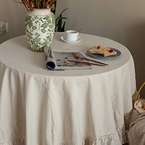 GLORY SEASON Retro Farmhouse Ruffle Round Tablecloth Cotton Flounces Trim Washable Table Cover White Tablecloths for Rectangle Table Baby Shower Kitchen Party Wedding Decor,70'' Round - size: 70" (Round)