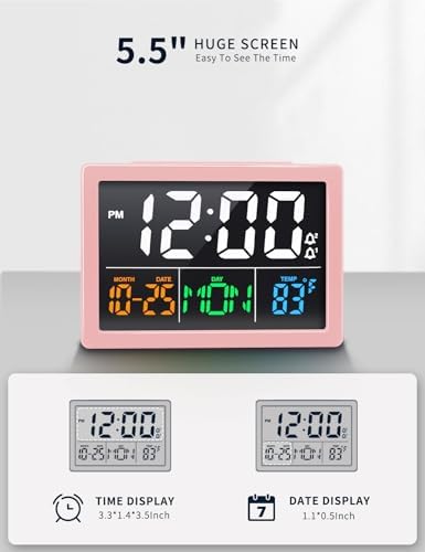JALL Digital Clock with Date Day for Seniors, Electric Alarm Clocks for Bedrooms with Temperature, 2 Alarms, Dimmer, Dual USB Charger, Battery Backup, Volume Control, Snooze, Bedside Desk Clock, Pink