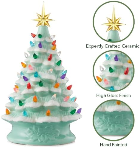 Casafield Hand Painted Ceramic Christmas Tree, Seafoam Green Snow Flocked 15-Inch Pre-Lit Tree with 128 Multi Color Lights and 2 Star Toppers