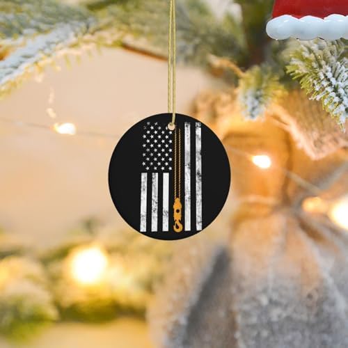 Holiday Ceramic Ornament, Lifting Hook Thin American Flag Crane Operator, Double-Sided Round Pendant, Ideal Christmas Decoration