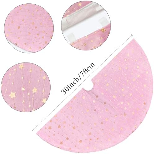 Plush Christmas Tree Skirts, 30 inches Luxury Pink Faux Fur Xmas Tree Base Cover Mat with Gold Stars for New Year Home Party Decorations(Pink Star, 30 inches)