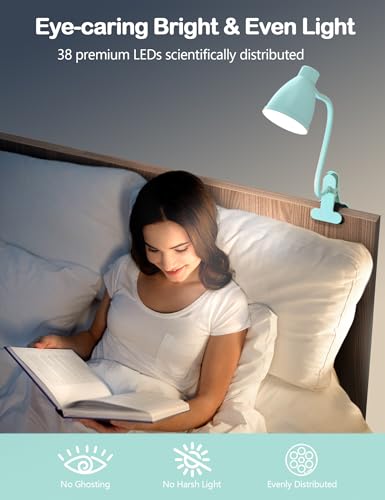 BOHON Desk Lamp with Clamp, 10W 38 LED Clip on Light, 5 Color 10 Brightness Auto Off Timer, Flexible Gooseneck Clip Lamp, Desk Lights for Office Home Bed Bedside Reading, Adapter Include, Teal - color: Teal