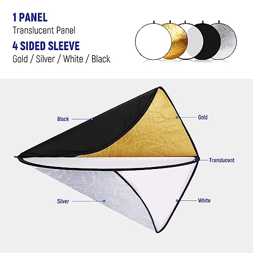 NEEWER 12"/30cm Light Reflector Light Diffuser 5 in 1 Collapsible Multi Disc with Bag - Translucent, Silver, Gold, White, and Black for Photography - size: 30cm
