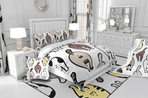 Manfei Lovely Cat Fitted Sheet Cute Kitten Butt of Cat Doodle Bedding Set 3pcs for Kids Boys Animal Theme Sheet Set Soft Polyester Bed Sheets (1 Fitted Sheet + 2 Pillow Cases) Queen Size - color: Multi 993, size: Queen (60*80*16")