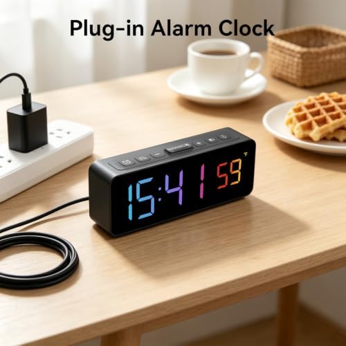 Netzu 2-in-1 Digital Alarm Clocks for Living Room Bedroom | Small Clock with Temperature & Time Display - RGB Display, 4 Levels & off Birghtness, 3 Volumes, Plug-in Use, Compact, Snooze