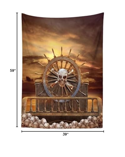 BELECO 3x5ft Fabric Pirate Backdrop - Halloween Decorations with Steering Wheel, Skulls, Gloomy Sky - Photography Background & Props for Kids & Adult Pirate Theme Party & Event - size: 3x5FT