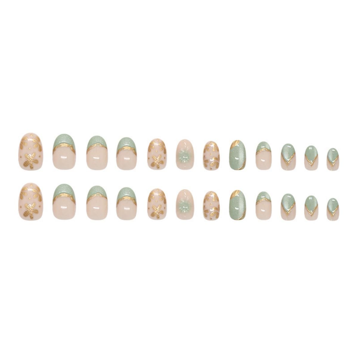 Green French Tip Press on Nails Short Oval Gold Flower Line Fake Nails with Glue Nude Glossy Acrylic False Nails for Women DIY Manicure Decoration 24PCS Reusable Artificial Nails