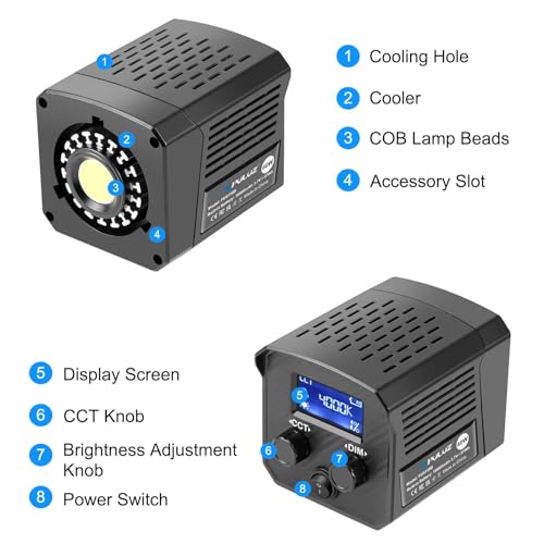 60W LED Video Light, PULUZ 2500K-6500K Dual Color Temp, 13000Lux CRI 95+ COB Fill Light with 10000mAh Rechargeable Battery & 8 Effects for Vlogging/Live Stream/Outdoor Shooting