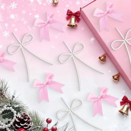 18 Pcs Pink Bow Ornaments for Christmas Tree,Include 6 White Pearl Bows 12 Pink Satin Ribbon Bows,Bow Ornaments Christmas Tree Toppers for Home Wreath Fireplace Xmas Gift Packaging Wedding Party Decor