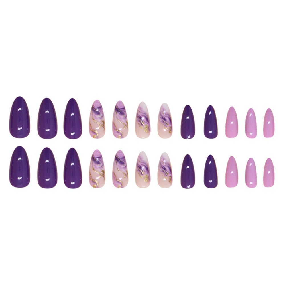 Purple Press on Nails Almond - Medium Fake Nails with Marble Texture Design - Ombre, Glitter Stick on False Nails for Women 24 Pcs