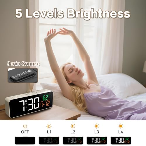 Netzu 3-in-1 Digital Clocks for Living Room, Small & Compact Alarm Clock | Temperature, Date & Time Display, 4 Birghtness, 3 Volumes, Plug-in, for Bedroom, Office