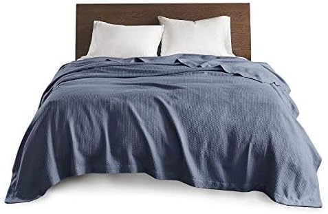 Madison Park Soft Certified 100% Egyptian Cotton Breathable Cozy Blanket, Premium Waffle Knit Classic Design Luxury All Season Lightweight Cover for Bed, Couch and Sofa, Twin, Blue