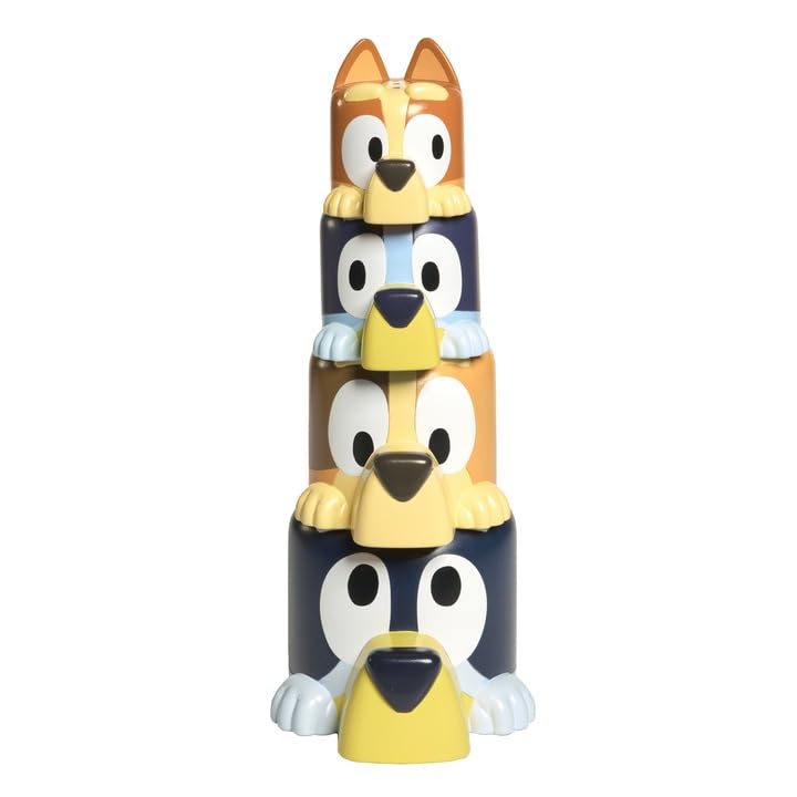 TOMY Toomies Bluey Bath Toys - Bluey's Family Pourers - Includes Chilli, Bandit, Bingo and Bluey Figures - Nesting and Stacking Cups for Bath, Beach or Pool - 4 Count - Ages 18 Months and Up