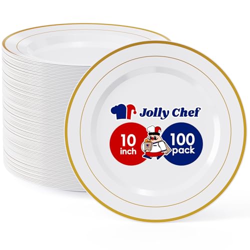 JOLLY CHEF 100 Pieces Gold Plastic Plates, 10 Inch Elegant Disposable Dinner White with Gold Rim, Disposable Plastic Plates for Christmas, Birthdays and Weddings - style: Gold-100