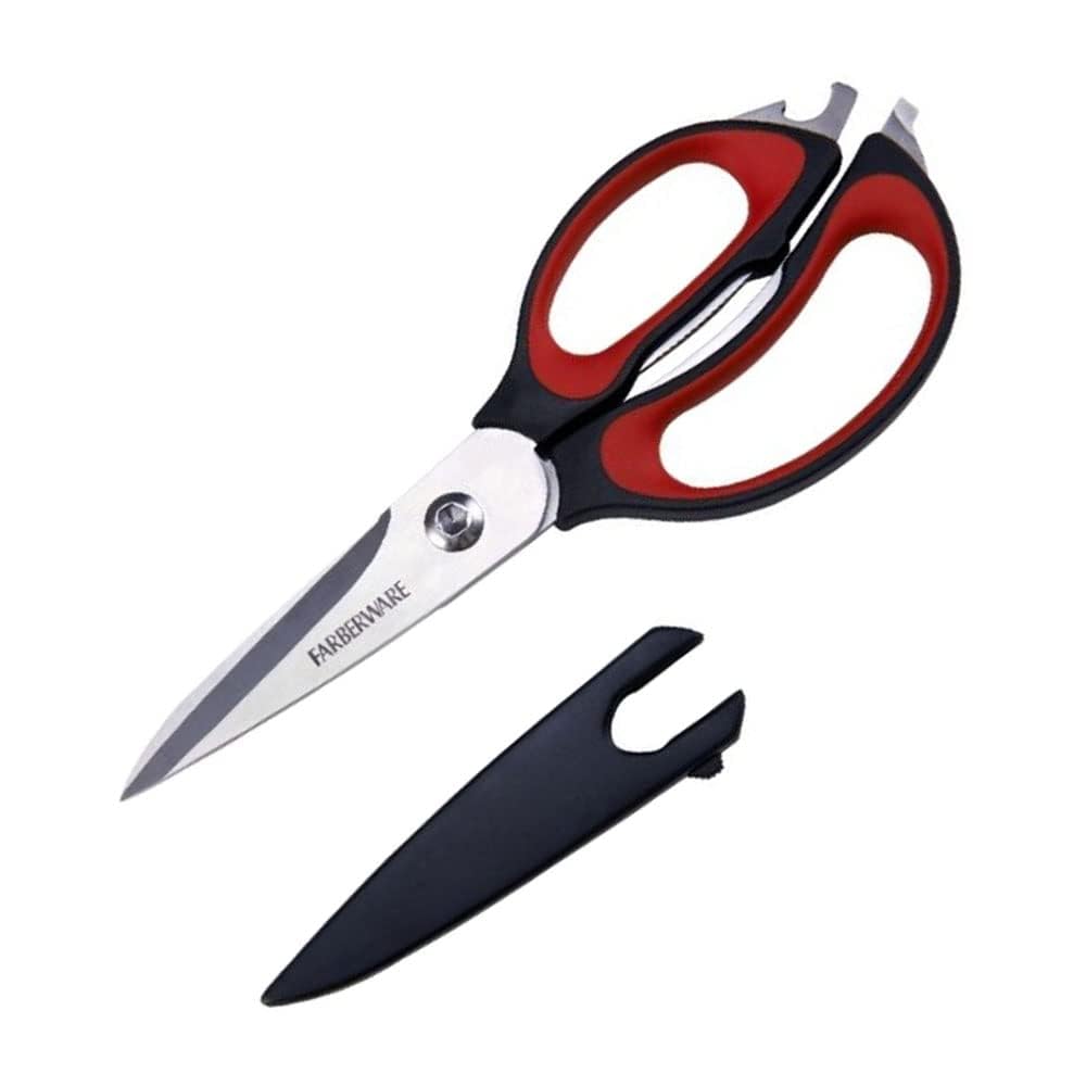 Farberware 4-in-1 Kitchen Scissors with Sheath, Multi-Use Kitchen Shears for Cutting, Jar Opener, Bottle Opener, Flathead Screwdriver - Stainless Steel Blades, 2-Piece Set (Black/Red)