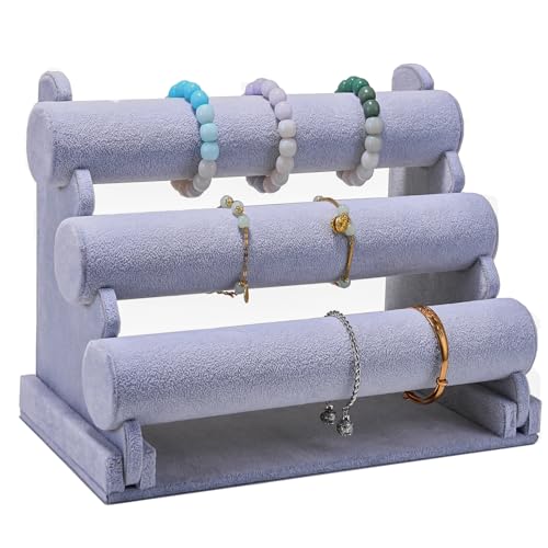 Velvet 3 Tier Bracelet Holder Display Stand, Detachable Jewelry Organizer Rack for Vendors, Grey Watch Organizer Racks for Selling