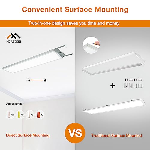 4-Pack 1x4 LED Flat Panel Light Surface Mount, 0-10V Dimmable, 40W-30W-20W & 3000K-4000K-5000K Selectable, for Kitchen, Shop, 100-277V, ETL, White - size: 1x4-4P