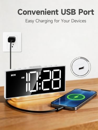 Cadmos Loud Alarm Clocks for Heavy Sleepers,Adults,Kids,Teens,Large Digital Display,7 Color Night Light,Adjustable Volume,Battery Backup,Small Bedside Clocks for Bedrooms (White+Dynamic)