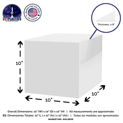 Marketing Holders 10 Inch Acrylic Display Riser Box No Lid White Square Retail Product Riser One Open Side Merchandise Storage Box Flippable Cubby for Expos and Tradeshows