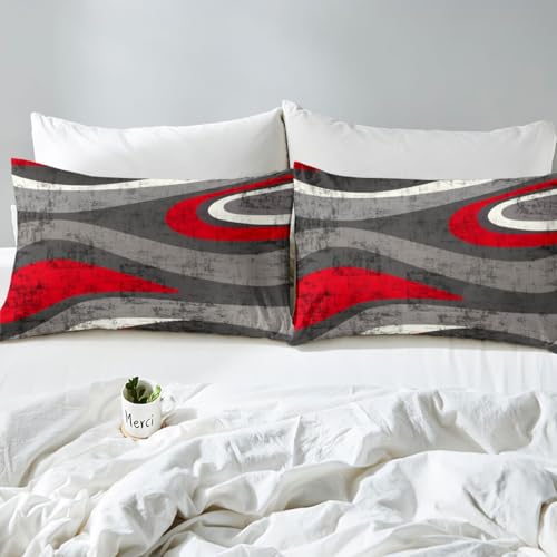 Red and Gray Bed Sheet Set Modern Abstract Art Fitted Sheet for Kids Boys Girls Teens Retro Circle Bedding Set Swirl Bed Cover 3Pcs with 2 Pillow Case Queen Size - color: Multi Aa04, size: Queen