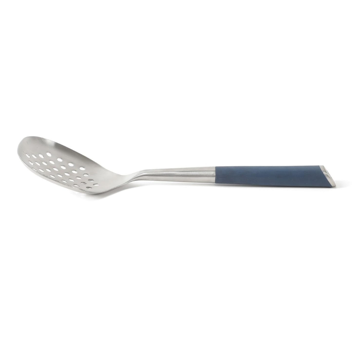 Calphalon Edge Stainless Steel Slotted Spoon/Skimmer with Navy Blue Handle, Slotted Cooking Tool for Draining and Skimming, Heat-Resistant, Durable Kitchen Utensil for Everyday Use