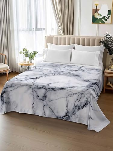 Queen Size Flat Sheet Only, Abstract Marble Stone Texture Bed Top Sheet Soft Microfiber Breathable Bedding Flat Sheets, Natural Crack Gray Rock Top Sheets Hotel Luxury - size: Queen