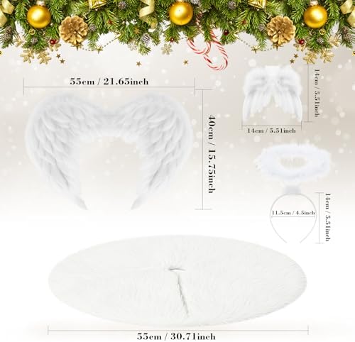 Janinka 15 Pcs Angel Feather Wing Christmas Tree Decors, 2 Feather Wings Topper with Aureole Headband, 1 White Plush Xmas Tree Skirt, 12 Wings Christmas Ornaments for Home Wedding Decor