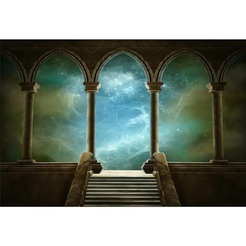 15x10ft Wedding 3D Render Backdrops Fantasy Starry Sky from Ancient Arches Background Mediaeval Gallery Temple Castle Marble Stone Column Staircase Photo Props - size: 15x10ft