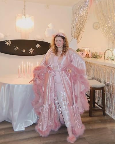 Feather Silk Satin Bridal Robe Long Wedding Scarf Illusion Bathrobe Sleepwear for Women Sexy Lingerie Nightgown - color: Teal, size: Large-X-Large