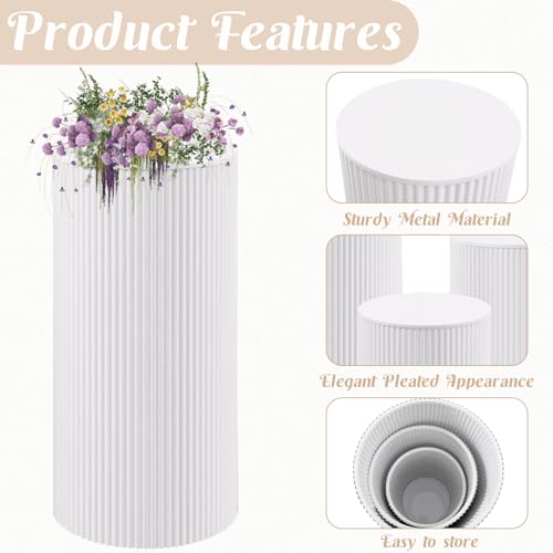 Metal Pleated Cylinder Pedestal Stands for Party, 3 Pieces Heavy Duty Round Cake Pedestal Stand Display Plinth Pillars Art Decor for Wedding Ceremony Birthday Party（Large, White） - size: XXL:35.63"x40", XL:29.72"x14.17", L:23.82"x12.6"