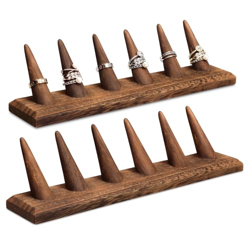 MOOCA 2 Pcs Set Finger Ring Stand Jewelry Display Holder Showcase Display Stands 11 x 2 1/4 x 2 3/4 in, Brown Color - color: Brown, 2 Pcs 6 Ring