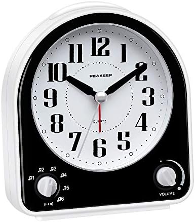 Peakeep Analog Alarm Clock Non-Ticking Silent, 7 Wake-up Sounds | with Volume Control, Nightlight and Snooze, AA Battery Operated (Black)