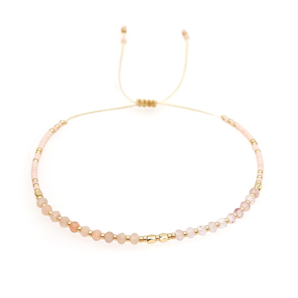 Agriajun Handmade Pink Gemstone Beaded Strand Bracelets for Women Dainty Adjustable Charm Beige String Braided Boho Gold Seed Beads Friendship Bracelets Fashion Jewelry Gift