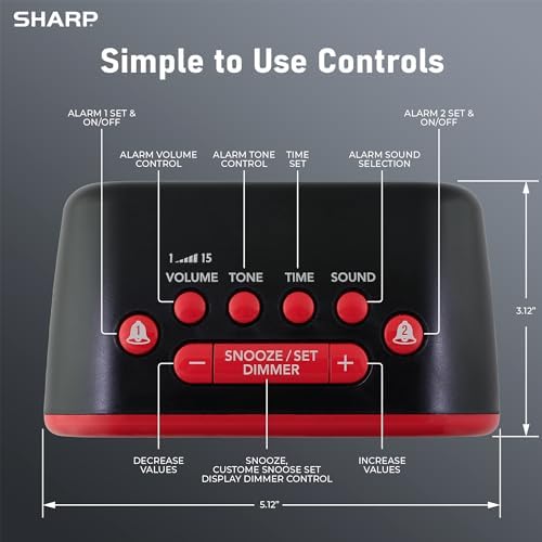 Sharp Big Bang 115dB Alarm Clock for Heavy Sleepers, Dual Alarms | 6 wake sounds; Large red LED display; Adjustable dimmer; Battery backup; Extra-loud 115dB alarm; Dual alarm settings