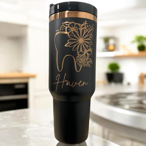 Dental hyginiest tumbler 40oz tumbler Tooth tumbler Dental water bottle Gift for dentist Gift for dental hyginiest Office gift (Black/Rose Gold-Floral tooth(named))