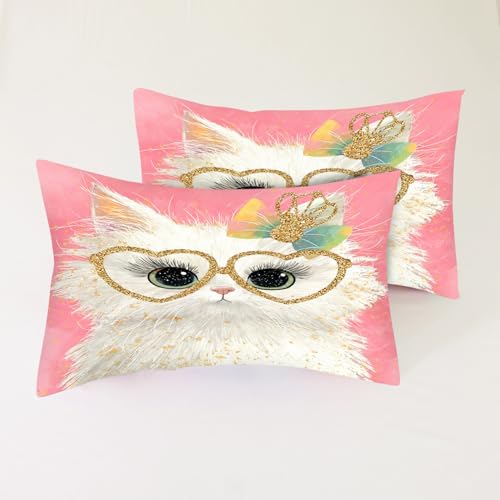 Girls Cat Themed Fitted Sheet Set Full Size Pink Glitter Cat with Heart Glasses Print Sheet Set Kawaii Bow Kitten Bedding for Kids Toddler Bedroom 1 Fitted Sheet + 1 Flat Sheet + 2 Pillowcases - color: Cat 09, size: Full