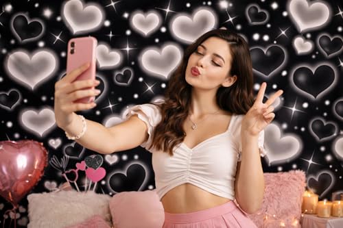 7X5ft Black White Heart Backdrop Aesthetic Love Photography Background Cute Hearts Pattern Photo Booth Banner for Valentine's Day Birthday Party Room Decoration - size: Black