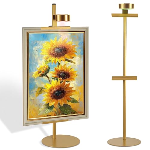 Adjustable Desktop Photo Frame Stand with Magnetic Wall Painting Light, Holds Picture Frames up to 30 Inch,with Rechargeable Battery,Metal Vertical Stand with 3 Color Temperature & 13RGB Poster Lights, for Displaying Picture Frames, Artworks (1 Pack,Gold)
