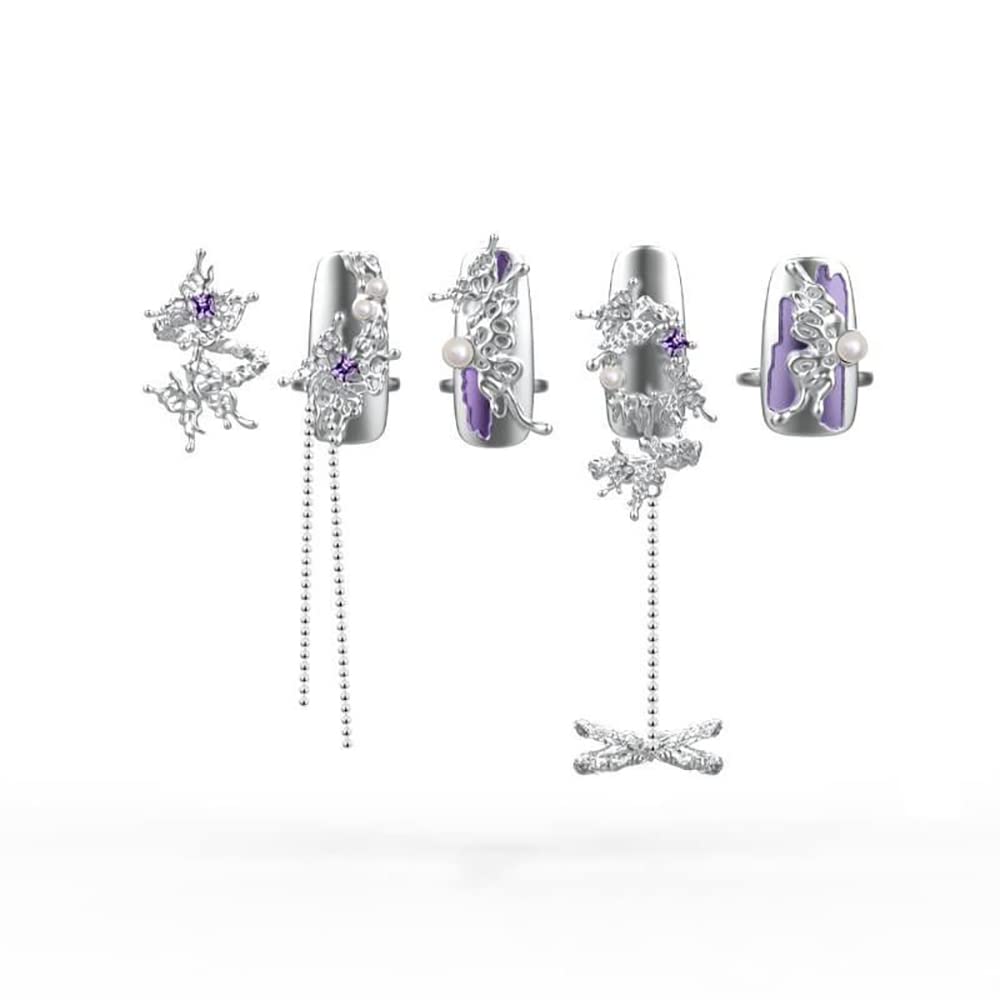 ZCLYHT 5Pcs Women Finger Tip Nail Rings, Purple, Metal, Edge, Half Well Tips, Art Deco, Set of 5