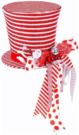 Christmas Tree Topper Hat,10 in Stripes Plaid Xmas Tree Top Hat with Ornaments and Bows,Collapsible Red White Stripe Tree Topper,Christmas Tree Decoration,Xmas Tabletop Ornaments (red)