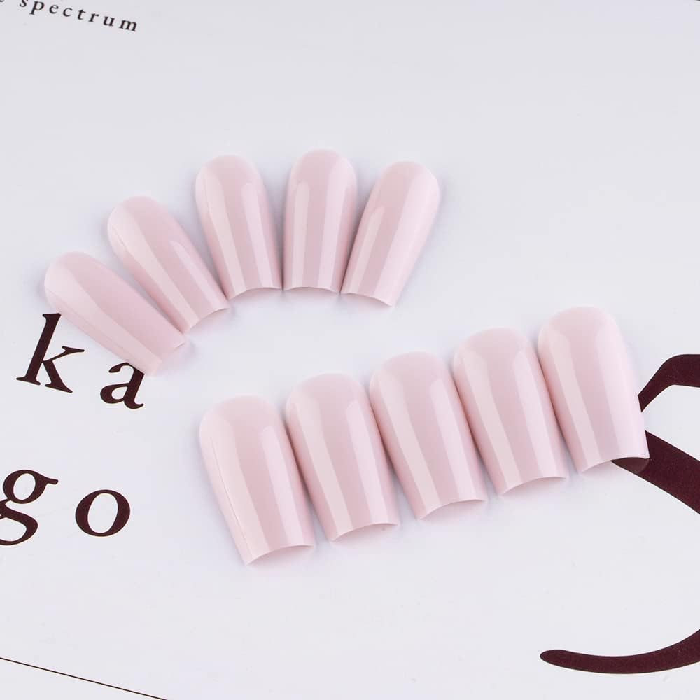 KQueenest Dusty Pink Long Medium Press on Nails Coffin Nails Press Ons Pale Glossy Gel Full Cover Long Fake Nails For Women, Thick Square Tip Nails Acrylic False Nails Set for Daily & Wedding, 24 Pcs