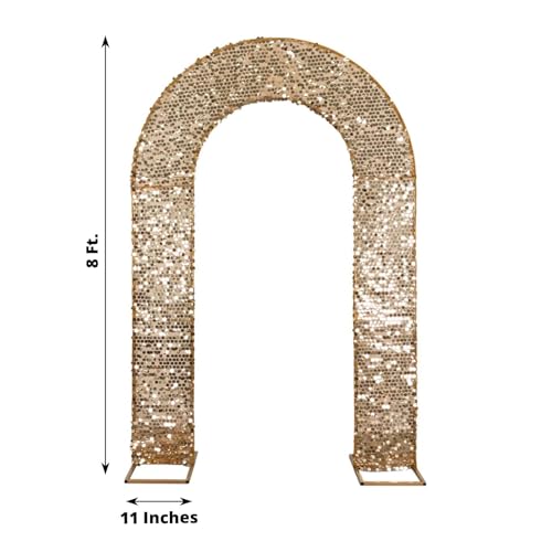 8 feet Gold Big Payette Sequin Fitted Double-Sided U-Shaped Wedding Arch, Round Top Chiara Stand Cover, Spandex Shimmer Tinsel Open Arch Backdrop Stand Cover Wedding Party Reception Decorations