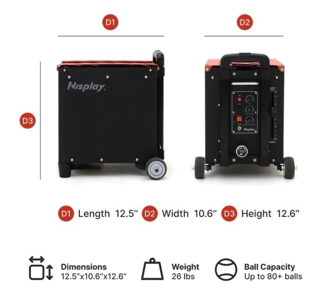 Nisplay Portable Tennis Ball Machine (26lbs) - Dual Motor for TopSpin and Backspin, 80+ Balls, Max 68MPH, 4+ Hours Play with External Lithium Battery (Ball Machine Only)
