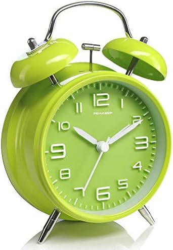 Peakeep 4 Inches Twin Bell Loud Alarm Clock for Heavy Sleepers | Backlight, Battery Operated Old Fashioned Alarm Clock for Bedrooms Kids' Room (3D-Dial, Green)