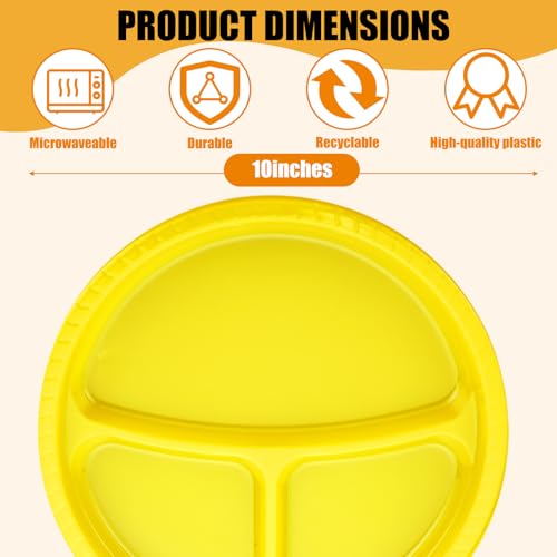 Umigy 100 Pcs 10 Inch 3 Compartments Divided Plastic Plates Bulk Colorful Disposable Heavy Duty Round Dinnerware for Party Valentine Wedding Birthday(Yellow) - color: Yellow