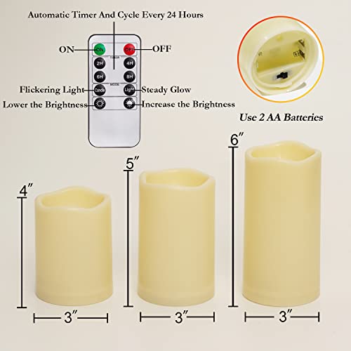 Homemory 3 Pack Flameless Candles, Outdoor Waterproof, Battery Operated LED Pillar Candles with Remote Control and Timer, Plastic, Long Lasting，4”5”6” - size: Set of 3