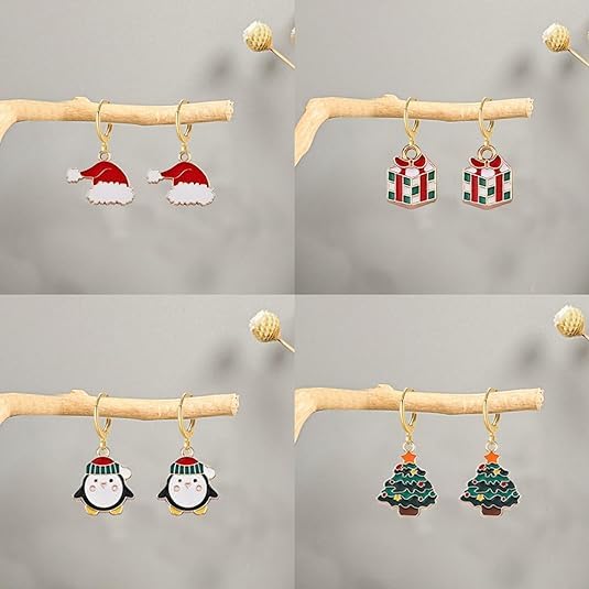 16 Pairs Christmas Reindeer Santa Hoop Earrings for Women Unique Winter Xmas Tree Snowflake Bow Bell Snowman Penguin Earrings Christmas New Year Jewelry Gifts - style: Gift